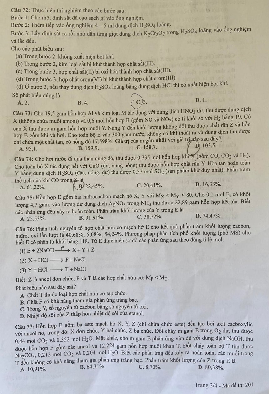 Đề Hóa THPT quốc gia 2023 đề 201