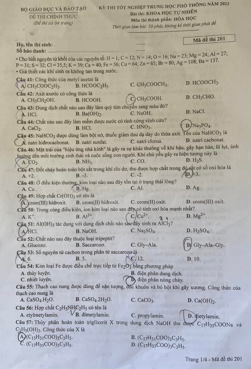 Đề Hóa THPT quốc gia 2023 đề 201