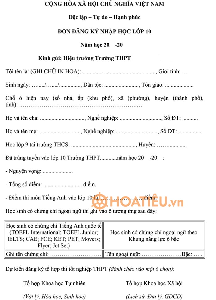  Mẫu đơn xin vào lớp 10 số 1
