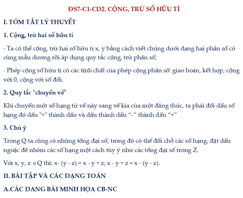 Chuyên đề 2. CỘNG, TRỪ SỐ HỮU TỈ