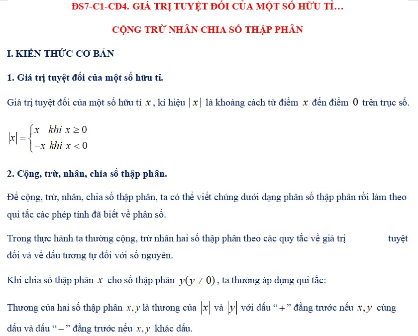 Chuyên đề 4. GIÁ TRỊ TUYỆT ĐỐI CỦA MỘT SỐ HỮU TỈ