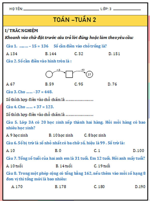 Phiếu bài tập cuối tuần Toán lớp 3 Kết nối tri thức 