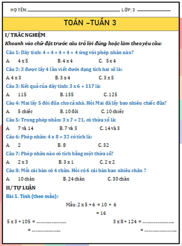 Phiếu bài tập cuối tuần Toán lớp 3 Kết nối tri thức 