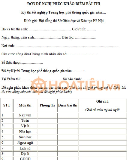  Đơn xin phúc khảo bài thi tốt nghiệp THPT Hà Nội 