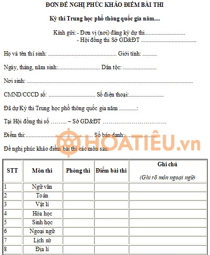Đơn xin phúc khảo bài thi tốt nghiệp THPT