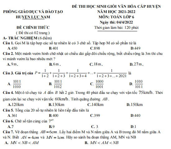 Tuyển tập đề thi học sinh giỏi môn Toán lớp 6
