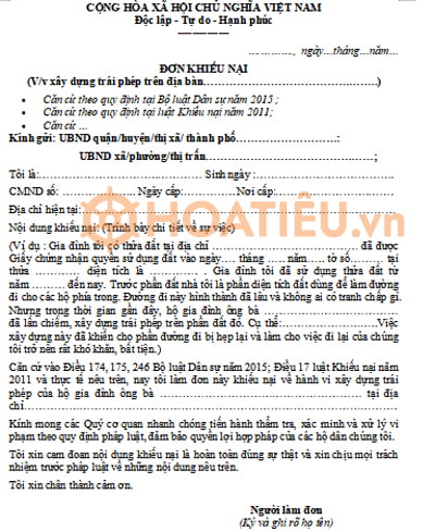 Mẫu đơn khiếu nại xây dựng trái phép
