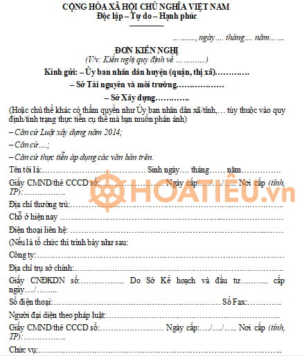 Mẫu đơn kiến nghị xây dựng trái phép