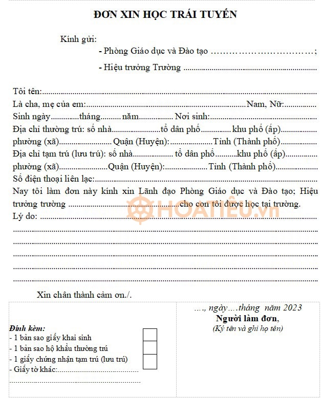 Mẫu đơn xin đi học cấp 2 trái tuyến