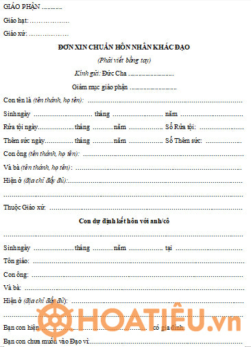 Mẫu đơn xin được chuẩn hôn nhân khác đạo
