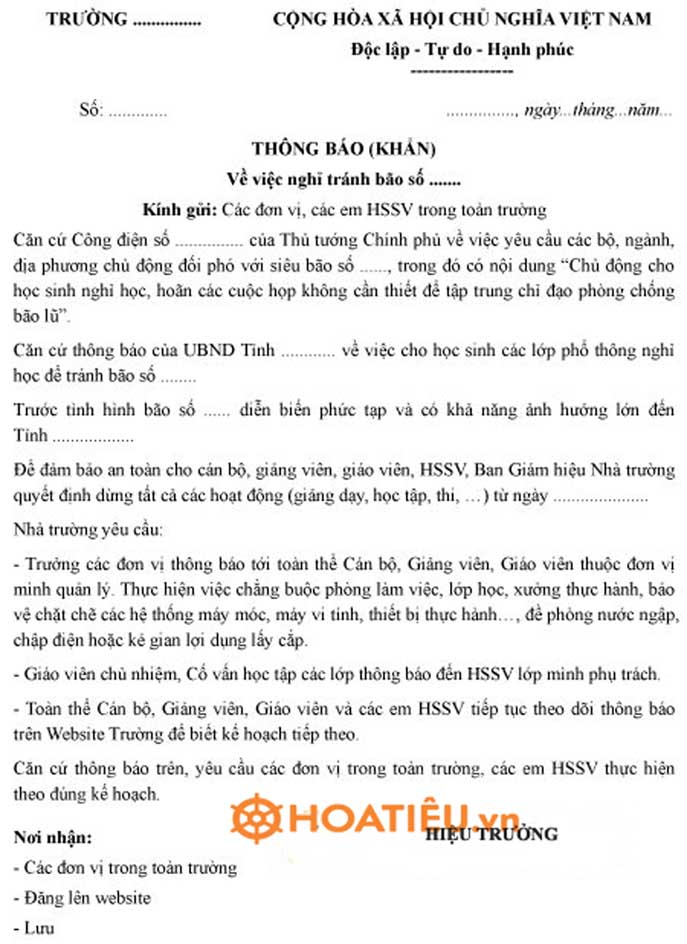 Mẫu thông báo nghỉ bão