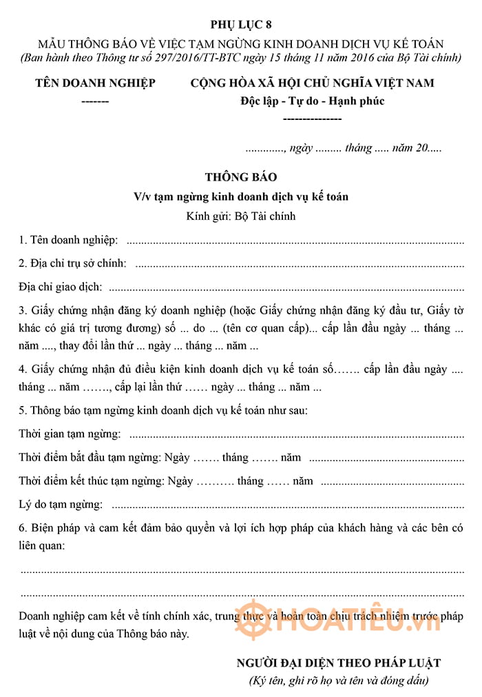 Thông báo tạm ngừng kinh doanh dịch vụ kế toán Mẫu thông báo tạm ngừng kinh doanh dịch vụ kế toán