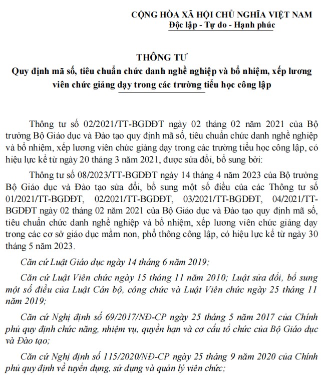 VBHN Thông tư quy định mã số, bổ nhiệm, xếp lương giáo viên tiểu học