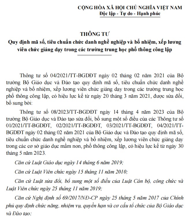 Văn bản hợp nhất thông tư về xếp lương giáo viên THPT theo quy định mới