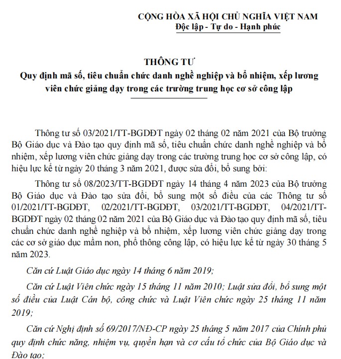 Thông tư hợp nhất Thông tư quy định mã số, bổ nhiệm, xếp lương giáo viên THCS