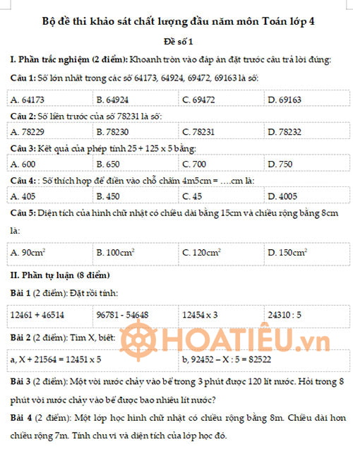 Đề khảo sát chất lượng đầu năm lớp 4 môn Toán
