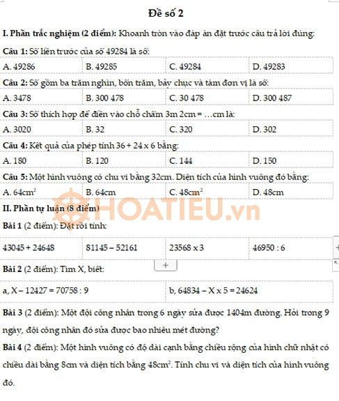 Đề khảo sát chất lượng đầu năm lớp 4 môn Toán