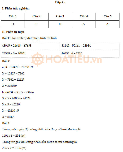 Đáp án đề khảo sát chất lượng đầu năm môn Toán lớp 4