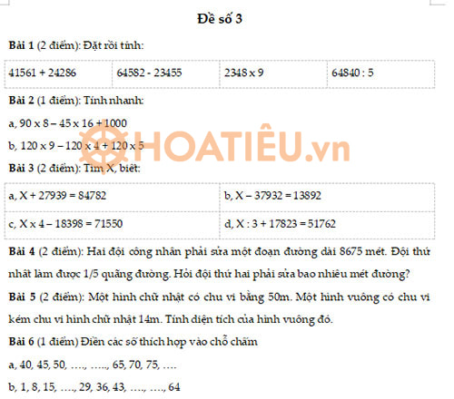 Đề khảo sát chất lượng đầu năm lớp 4 môn Toán