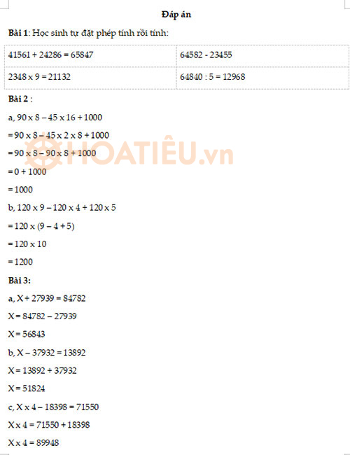 Đáp án Đề khảo sát chất lượng đầu năm lớp 4 môn Toán