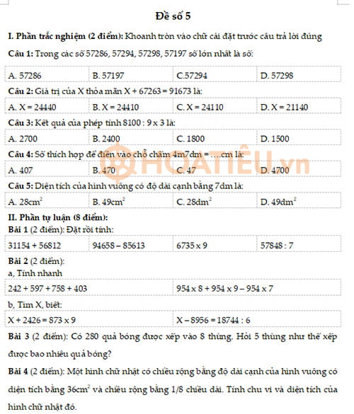 Đề khảo sát chất lượng đầu năm lớp 4 môn Toán