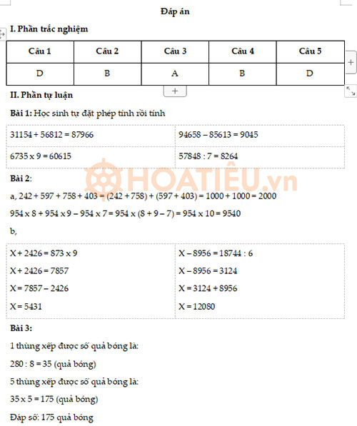 Đáp án đề khảo sát chất lượng đầu năm môn Toán lớp 4