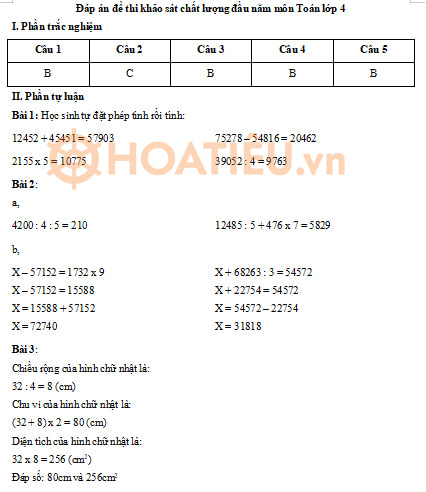 Đáp án đề khảo sát chất lượng đầu năm môn Toán lớp 4