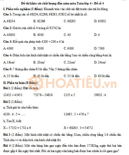 Đề khảo sát chất lượng đầu năm lớp 4 môn Toán
