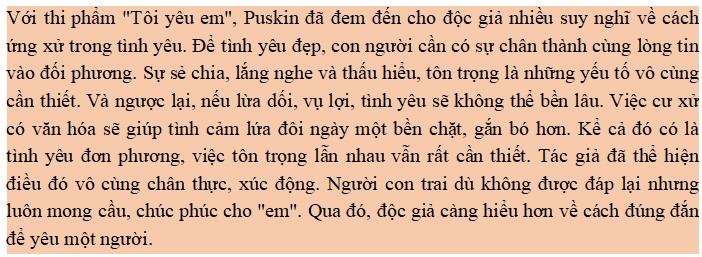Từ bài thơ Tôi yêu em viết đoạn văn ngắn suy nghĩ về cách ứng xử trong tình yêu