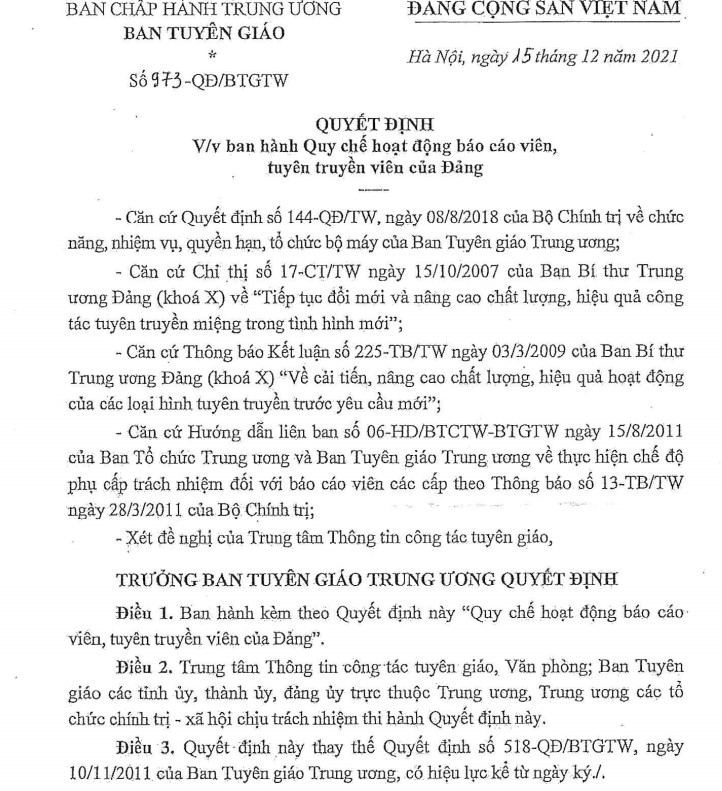 Quyết định số 973-QĐ/BTGTW 2021