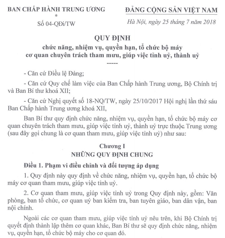 Văn bản quy định chức năng, nhiệm vụ, quyền hạn của Ban Tuyên giáo TỈnh ủy, thành ủy