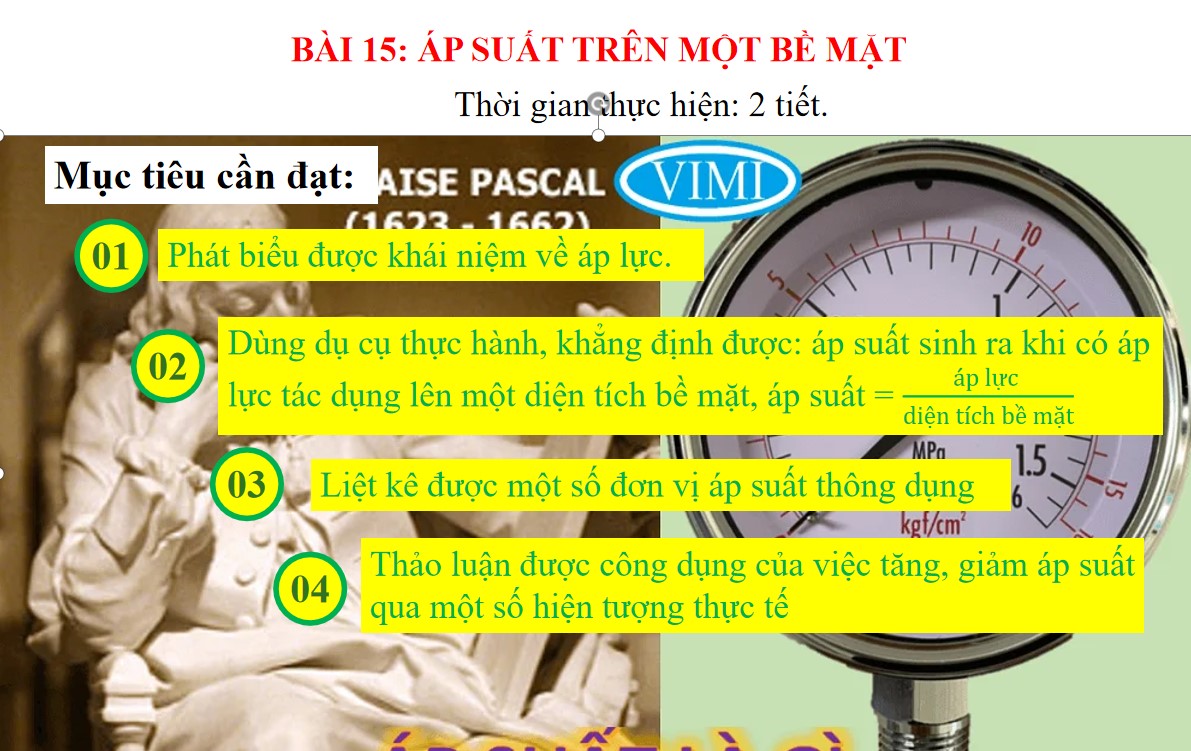 Bài giảng điện tử Vật lí 8 KNTT bài 15 - Áp suất bề mặt