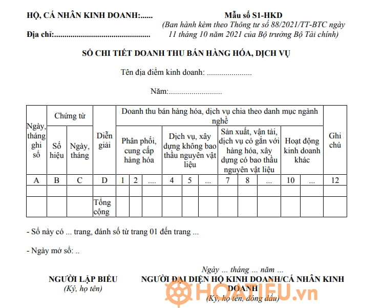 Sổ chi tiết doanh thu bán hàng hóa, dịch vụ