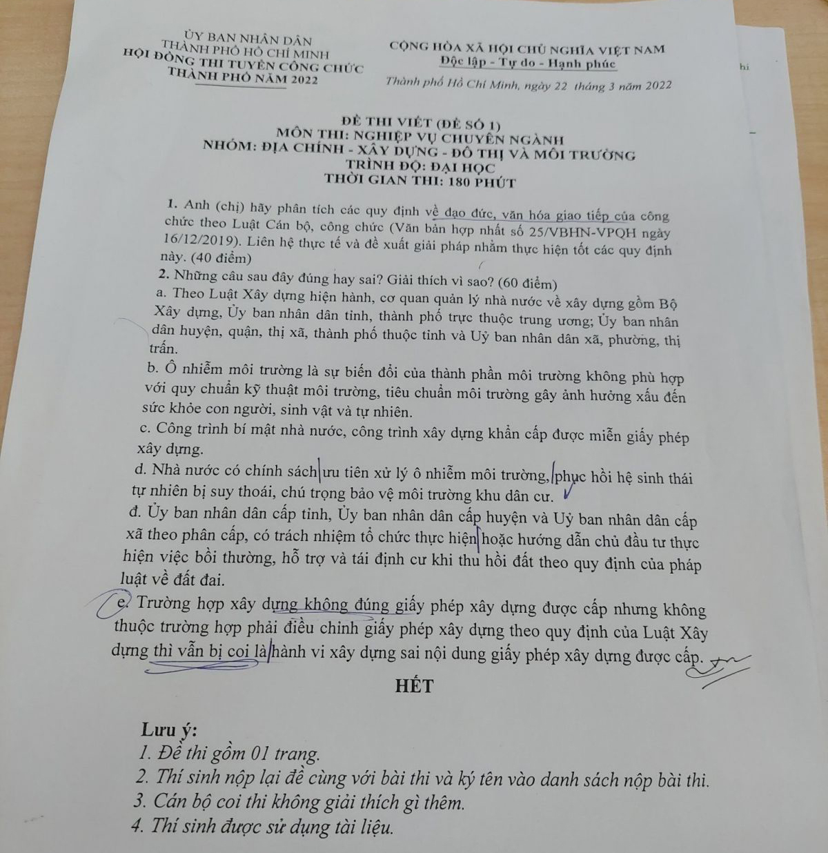 Đề thi vòng 2 công chức địa chính