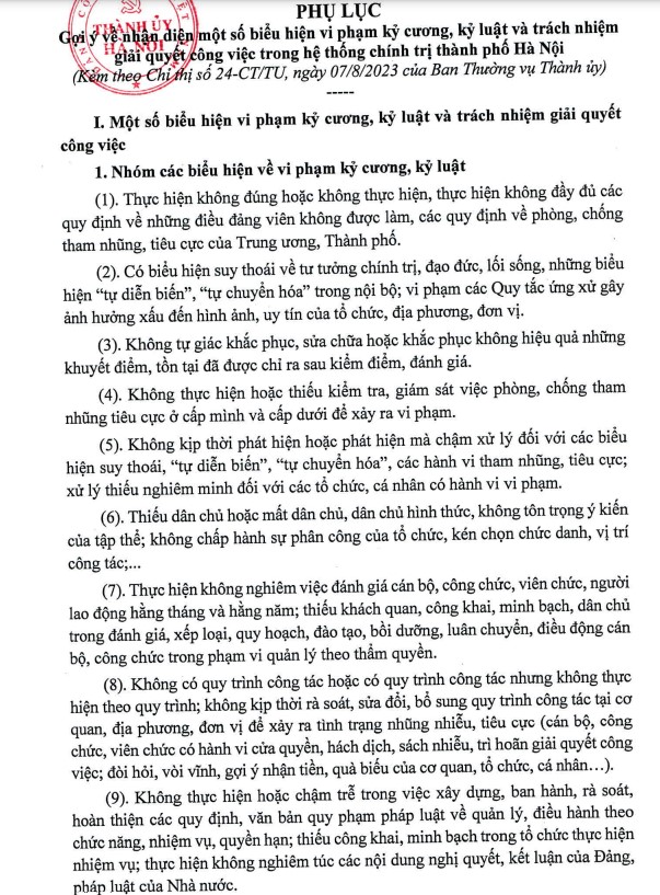 Hà Nội công bố 21 biểu hiện nhận diện cán bộ vi phạm kỷ luật