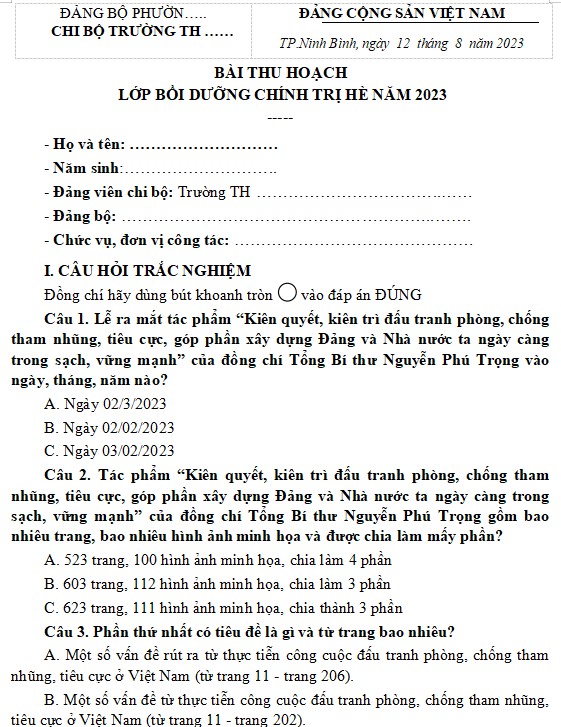 Bài thu hoạch chính trị hè giáo viên tiểu học tỉnh Ninh Bình 2023