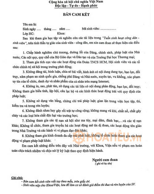 Bản cam kết tuần sinh hoạt công dân đầu khóa mới nhất 2024