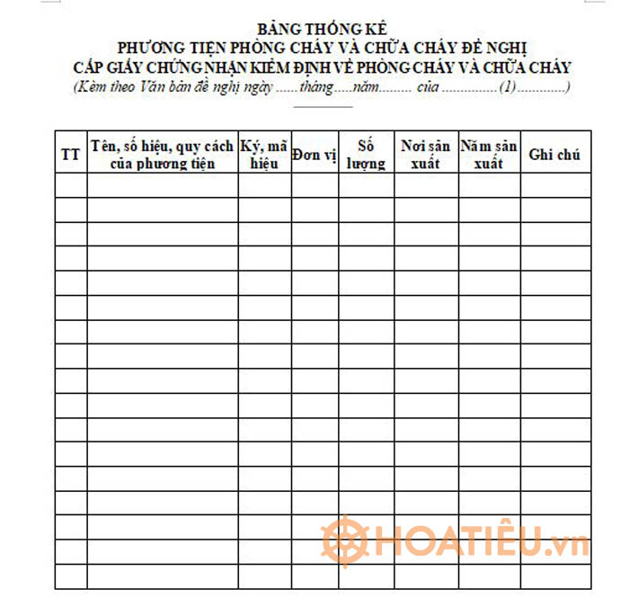 Mẫu bảng thống kê phương tiện phòng cháy và chữa cháy