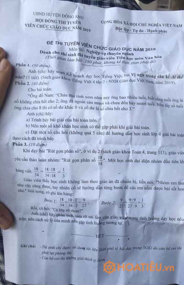 Đề thi viên chức môn chuyên ngành giáo dục tiểu học