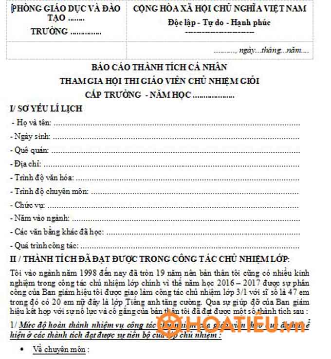 Mẫu báo cáo thành tích cá nhân giáo viên chủ nhiệm giỏi