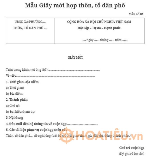 Mẫu giấy mời họp thôn, tổ dân phố mới nhất