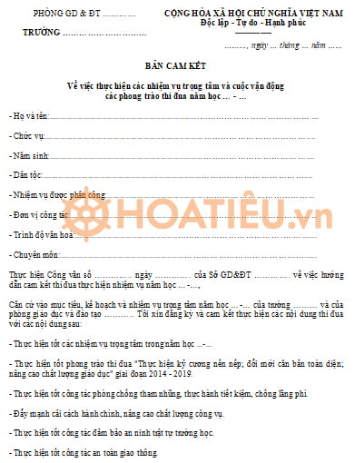 Bản cam kết thực hiện nhiệm vụ năm học và các phong trào thi đua