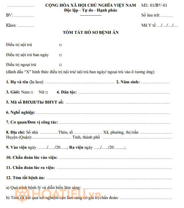 Mẫu bản tóm tắt hồ sơ bệnh án