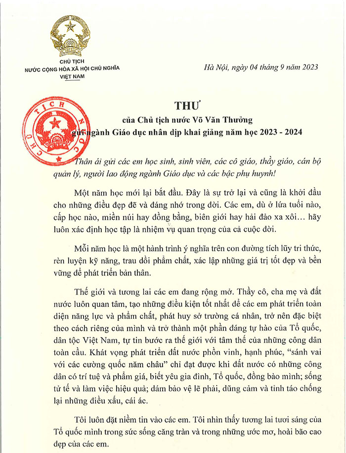 Thư của chủ tịch nước nhân ngày khai giảng năm học 2023 2024