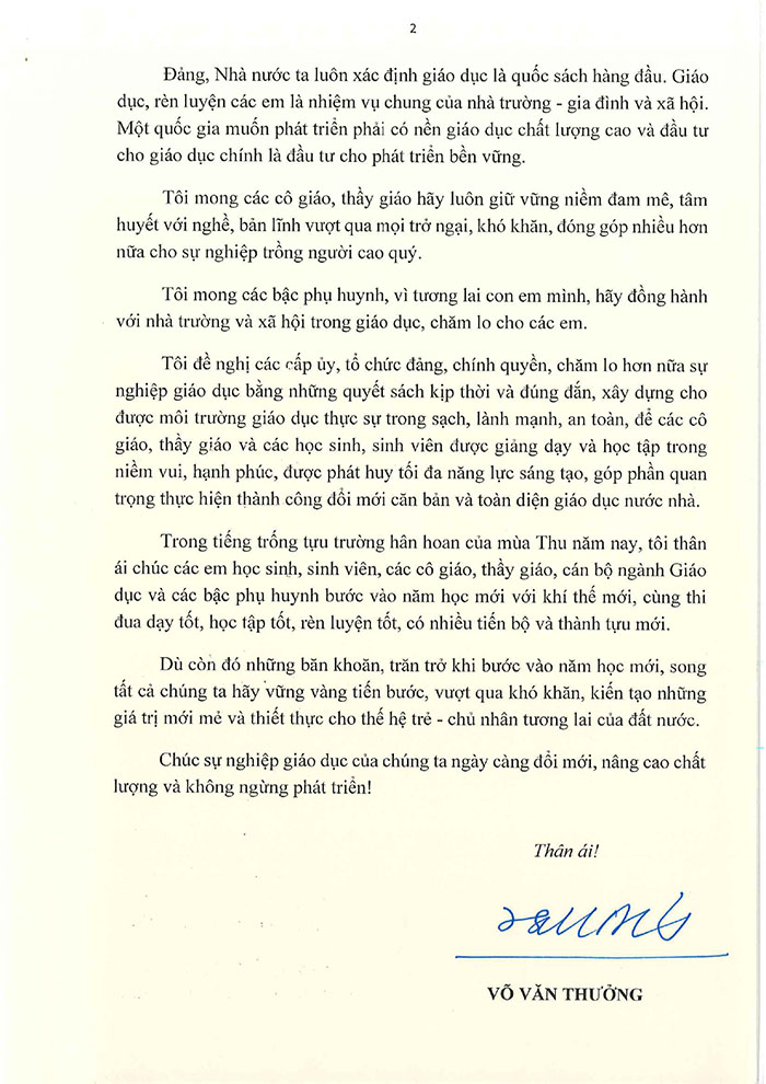 Thư của chủ tịch nước nhân ngày khai giảng năm học 2023 2024