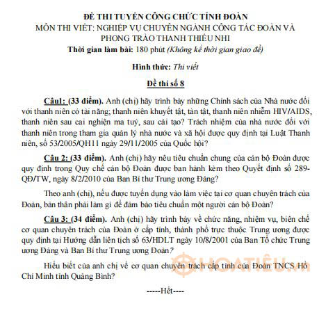 Đề thi viết công chức tỉnh đoàn