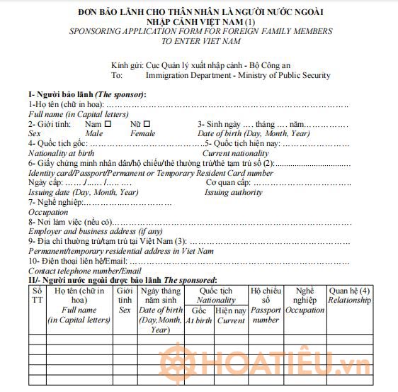Mẫu đơn bảo lãnh cho người nước ngoài nhập cảnh vào Việt Nam