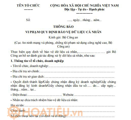 Mẫu thông báo vi phạm quy định bảo vệ dữ liệu cá nhân