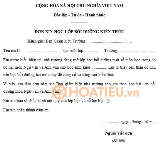 Đơn xin học lớp bồi dưỡng kiến thức Mẫu đơn xin học lớp bồi dưỡng kiến thức