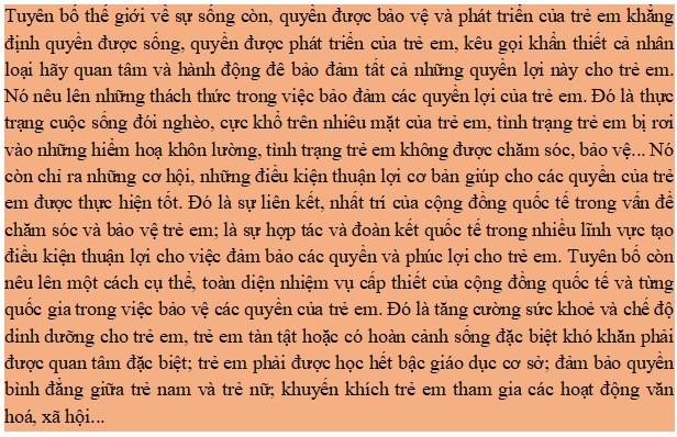 Tóm tắt Tuyên bố thế giới về sự sống còn, quyền được bảo vệ và phát triển của trẻ em dài